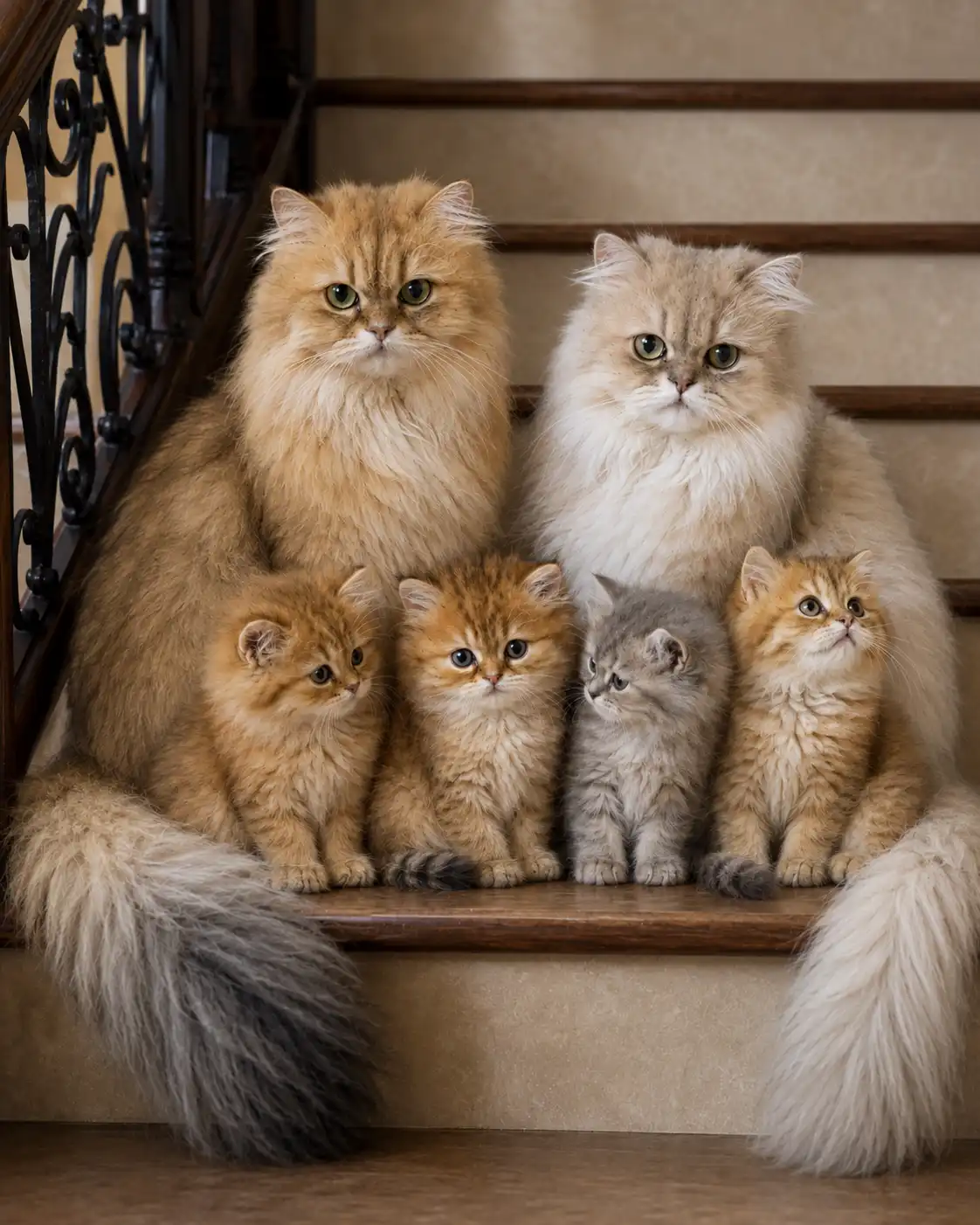 Persian cat parents with four kittens on a staircase